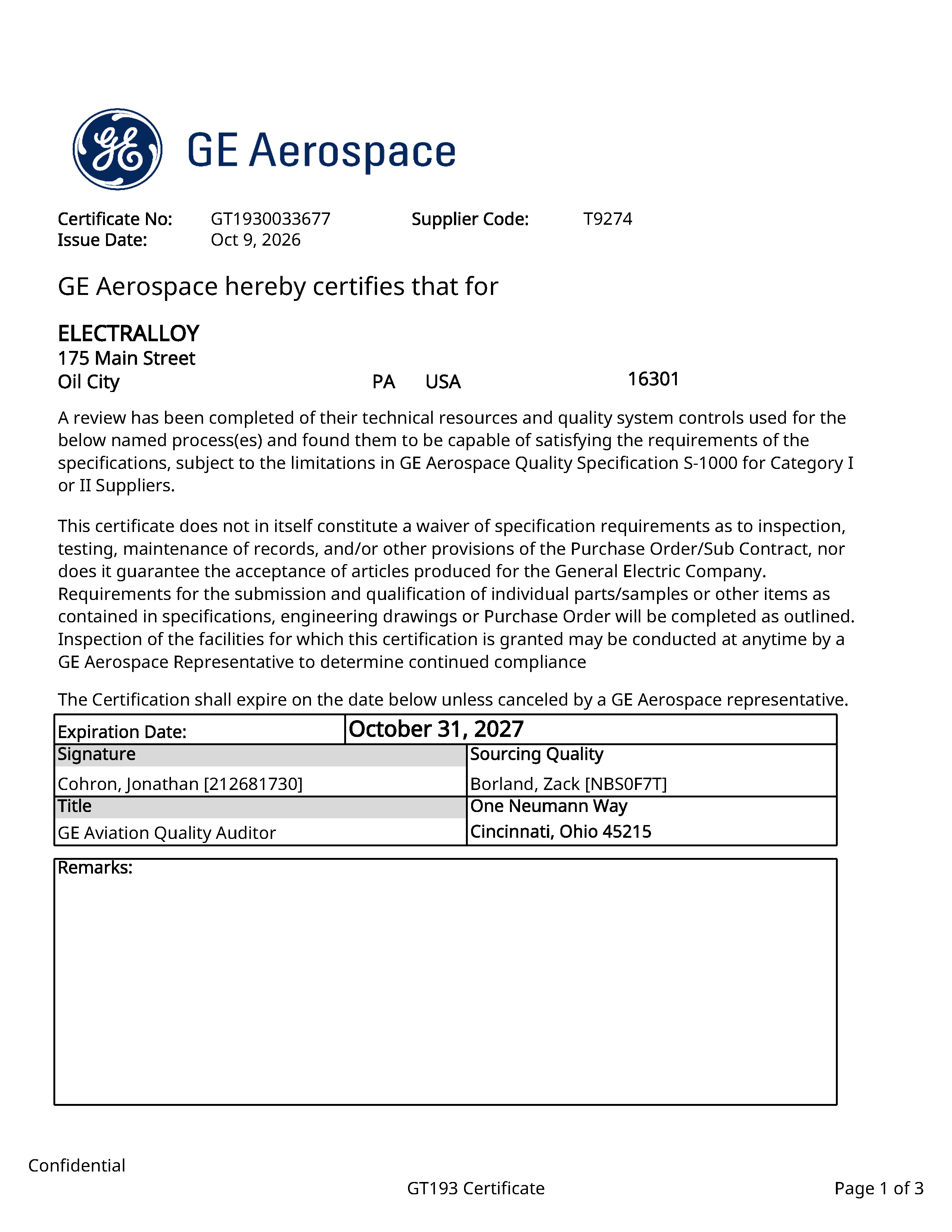 GT193 T9274 Oct 31 2027 AI Page 1